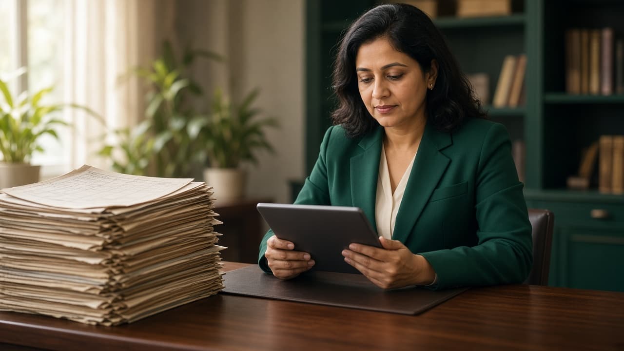 School administrator reviewing campus records on a tablet beside retired paper registers